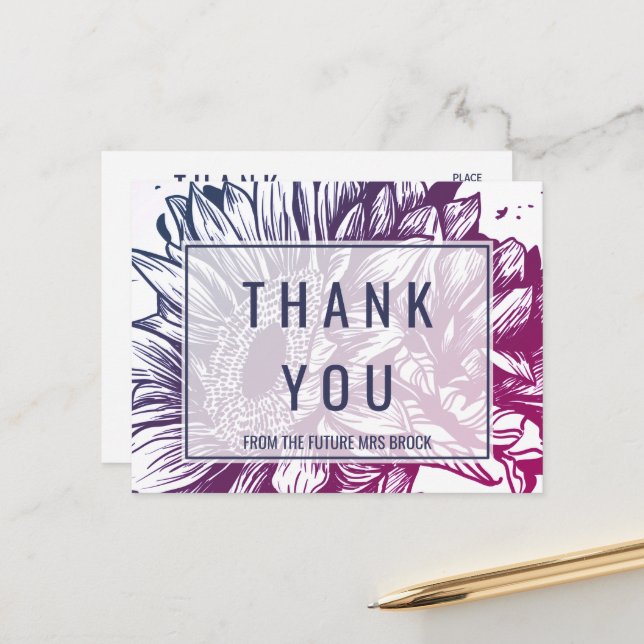 Blue and Purple Ombre Sunflowers Thank You Postcard (Front/Back In Situ)