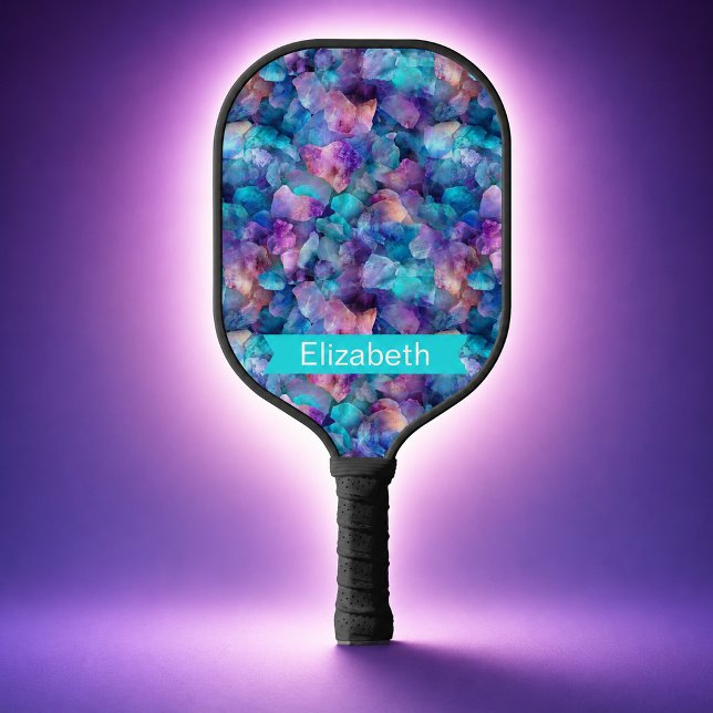Blue and Purple Opal Crystal Personalised Pickleball Paddle (blue and purple opal crystal patterned and personalized pickleball paddle for women.)