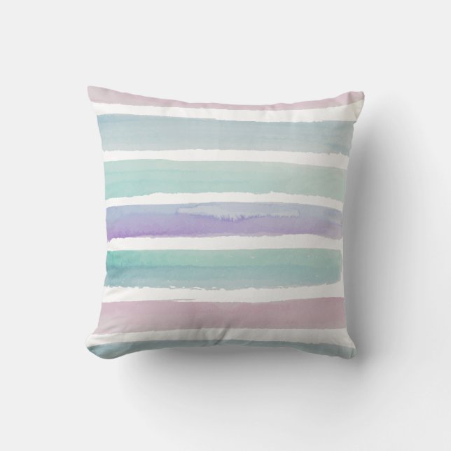 Blue and Purple Pastel Watercolor Stripes Cushion (Front)