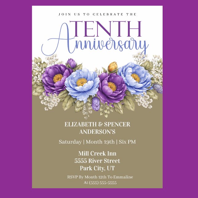 Blue and Purple Peony 10th Wedding Anniversary Invitation (Elegant blue and purple peony floral 10th wedding anniversary invitation)