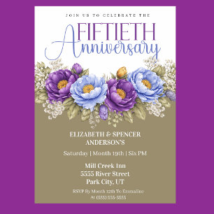 Blue and Purple Peony 50th Wedding Anniversary Invitation