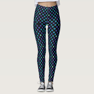 blue and purple polka dots pattern on black leggings