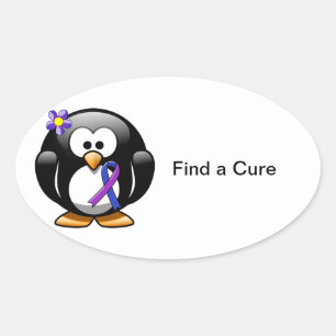 Blue and Purple Ribbon Penguin Oval Sticker