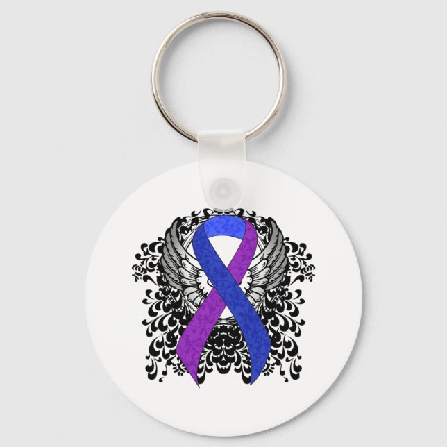 Blue and Purple Ribbon with Wings Key Ring (Front)