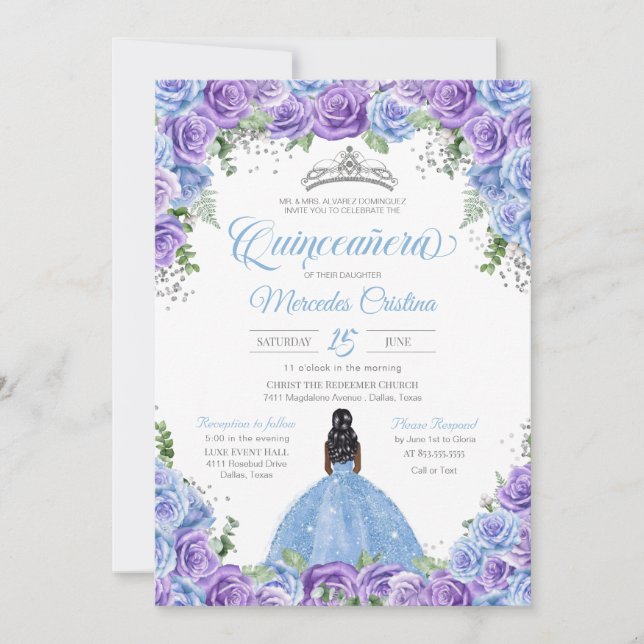 Blue and Purple Roses & Silver Tiara Quinceanera I Invitation (Front)