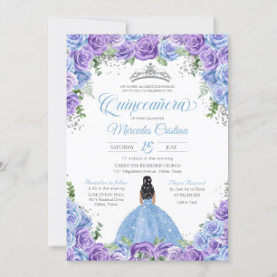 Blue and Purple Roses & Silver Tiara Quinceanera Invitation