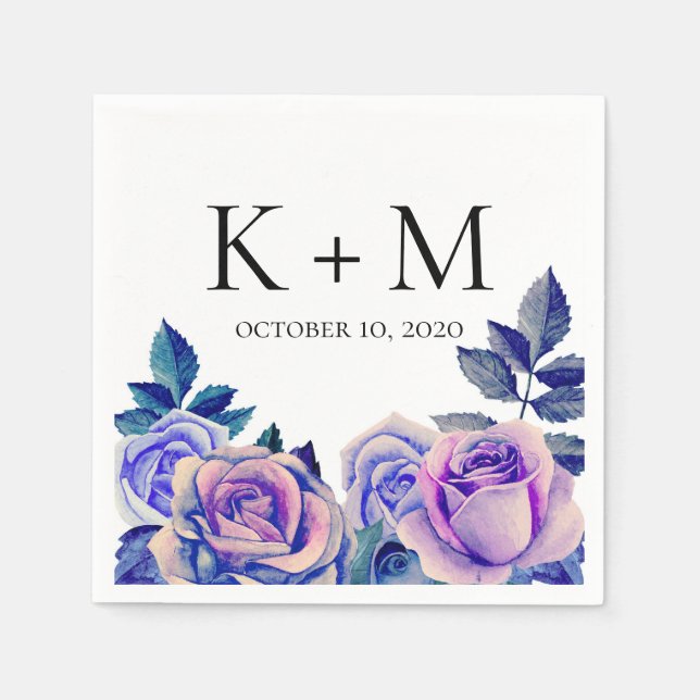 Blue and purple roses watercolor. Wedding flowers Napkin (Front)