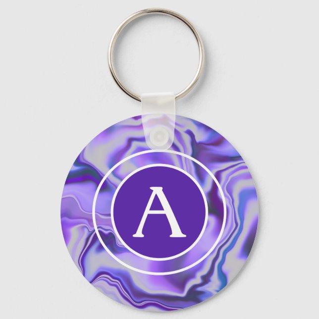 Blue and Purple Silky Marble Monogram Letter Key Ring (Front)