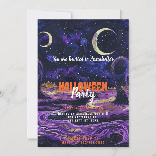 Blue and Purple Sky Crescent Moon Halloween Party Invitation (Front)