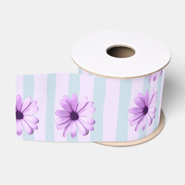 blue and purple striped daisy pattern grosgrain ribbon (Spool)