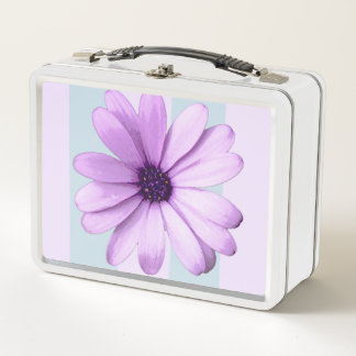blue and purple striped daisy pattern metal lunch box