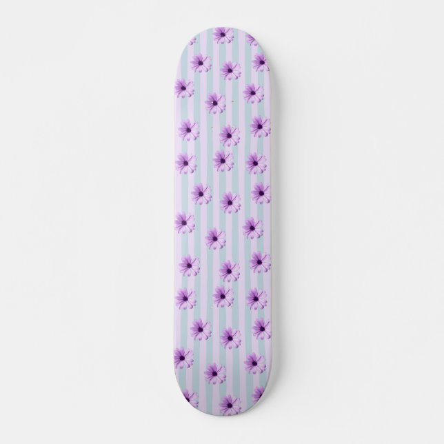 blue and purple striped daisy pattern skateboard (Front)