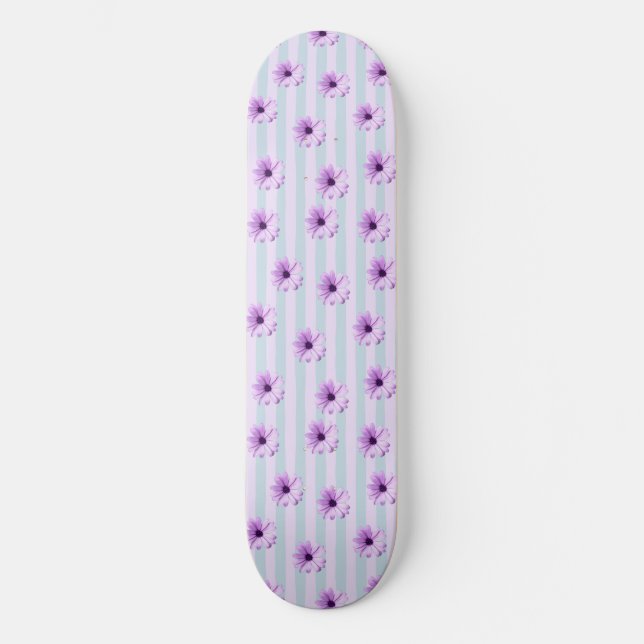 blue and purple striped daisy pattern skateboard (Front)