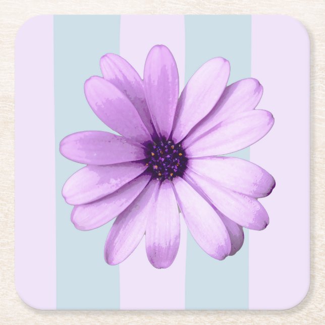 blue and purple striped daisy pattern square paper coaster (Front)