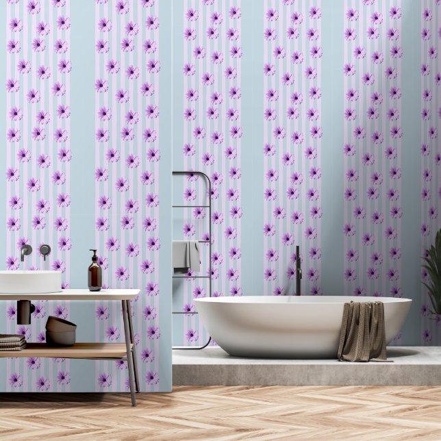 blue and purple striped daisy pattern wallpaper (Bathroom)