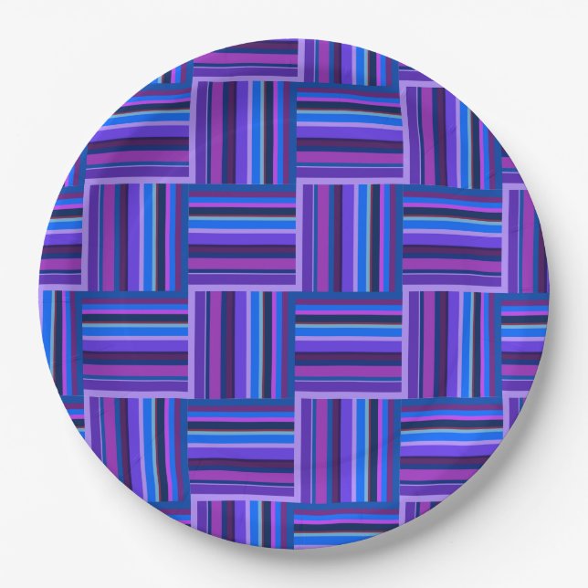 Blue and purple stripes weave pattern paper plate (Front)