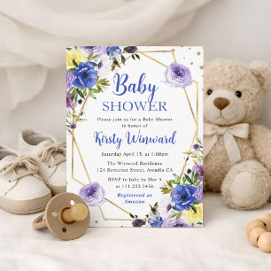 Blue and Purple Summer Flowers Frame Baby Shower Invitation