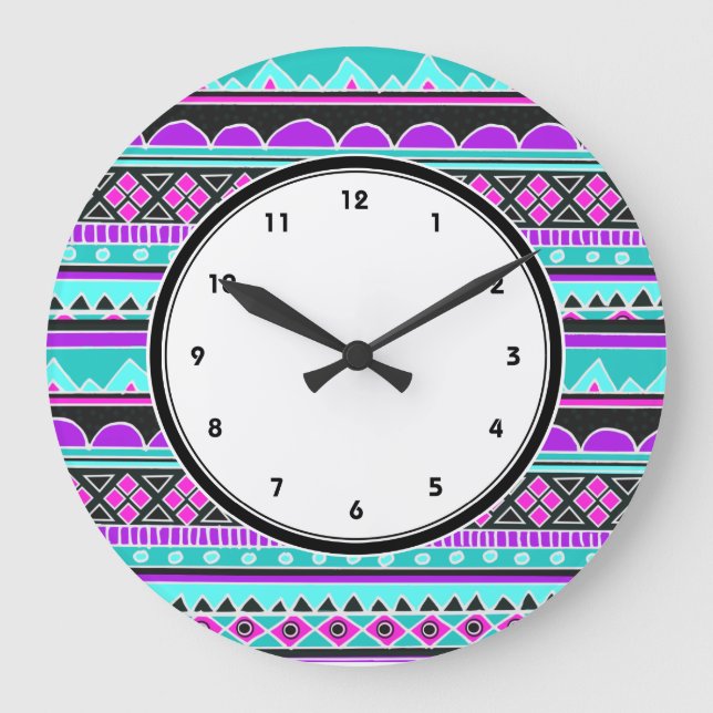 Blue and purple tribal pattern clock with numbers (Front)