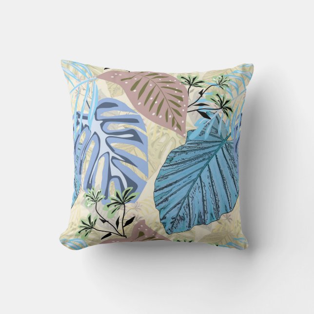 Blue and purple tropical leaves. cushion (Front)