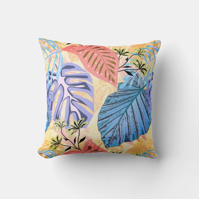 Blue and purple tropical leaves. throw pillow (Front)