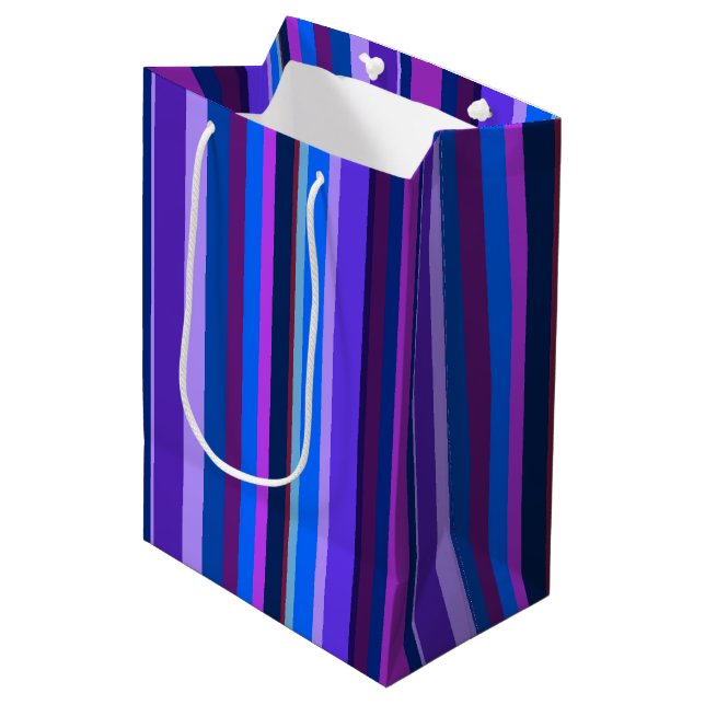 Blue and purple vertical stripes medium gift bag (Front Angled)