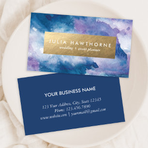 Blue and Purple Watercolor and Gold Faux Foil Business Card