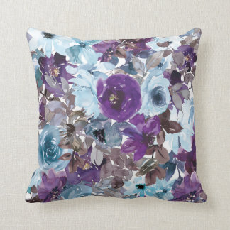 Blue and Purple Watercolor Floral Accent Cushion