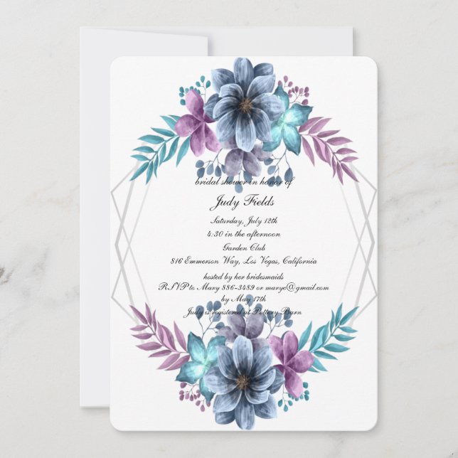 Blue And Purple Watercolor Floral Bridal Shower Invitation (Front)