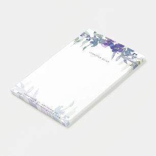 Blue and purple watercolor floral personalised post-it notes