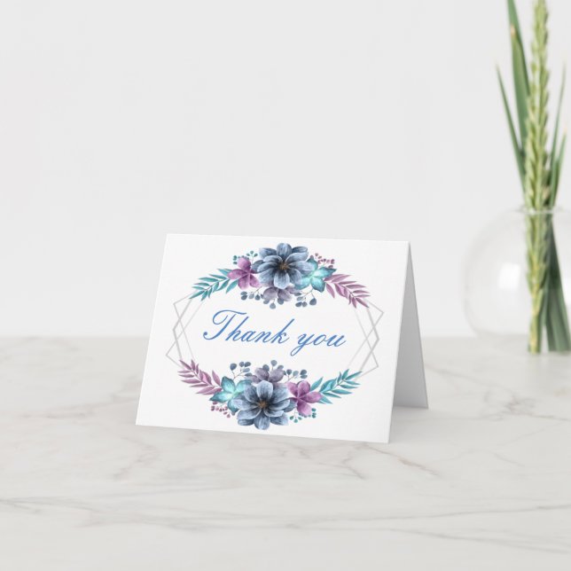 Blue And Purple Watercolor Floral Thank You Card (Front)