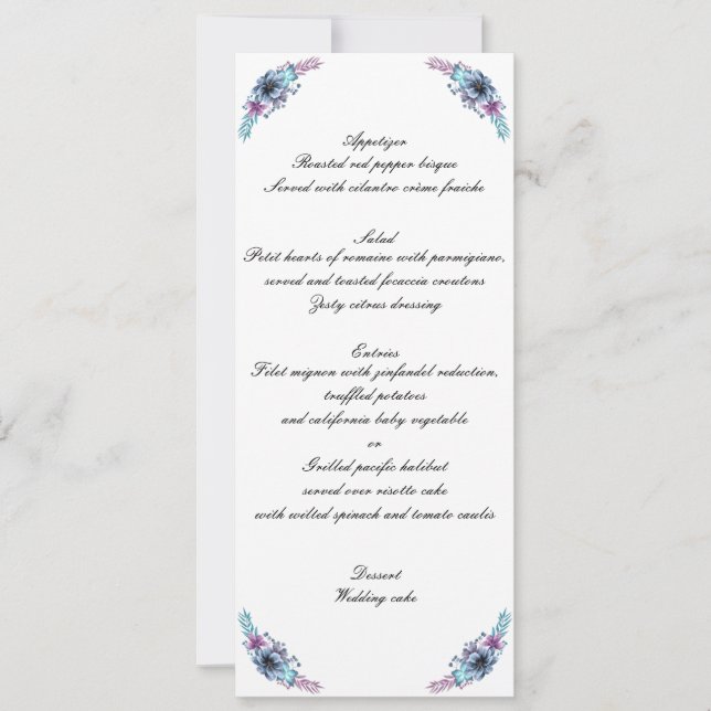 Blue And Purple Watercolor Floral Wedding Menu Invitation (Front)