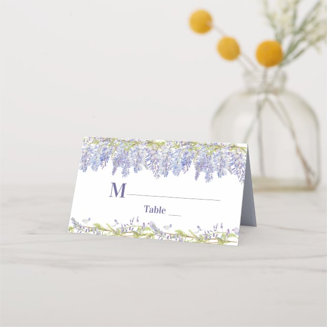 Blue and Purple Watercolor Floral Wedding Place Card (Front)