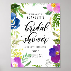 Blue and Purple Watercolor Flowers Bridal Shower Poster