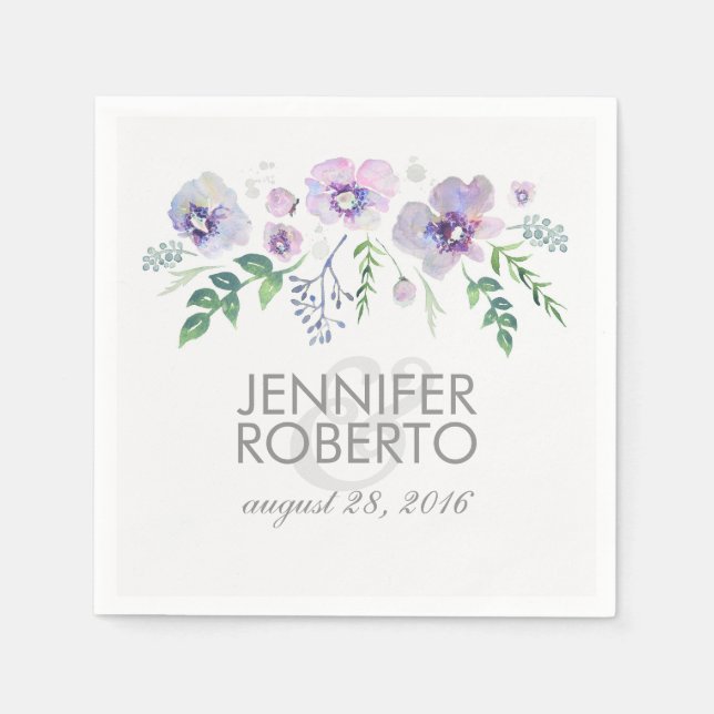 Blue and Purple Watercolor FLowers Wedding Napkin (Front)