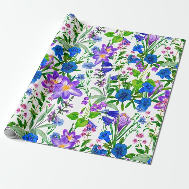 Blue and Purple Watercolor Garden Flowers   Wrapping Paper (Unrolled)