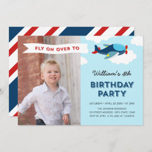 Blue and Red Aeroplane Photo Birthday Party Invitation