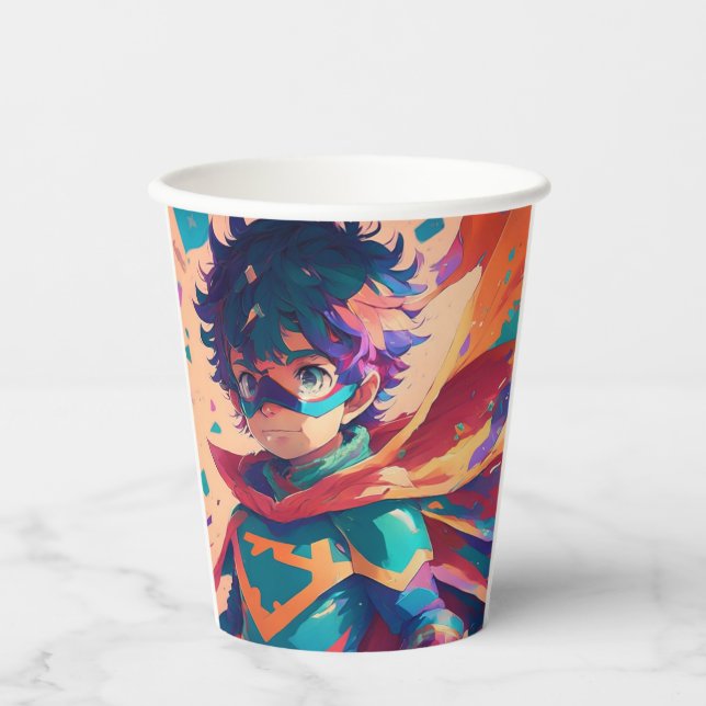 Blue and Red Anime Superhero Boy Birthday Party Paper Cups (Front)