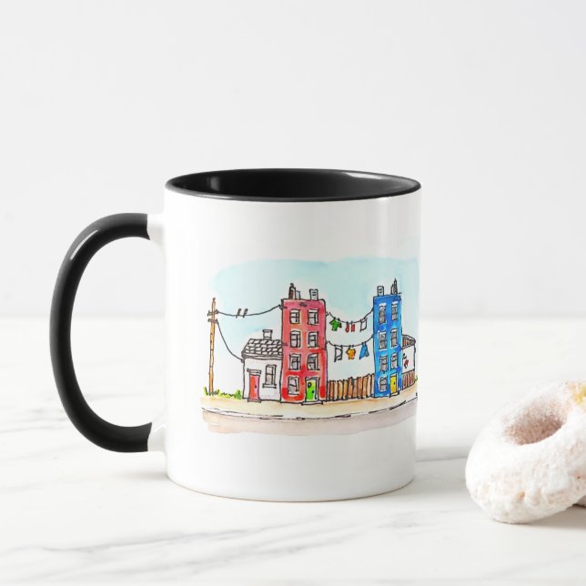 Blue and Red Apartments Watercolour Mug (With Donut)
