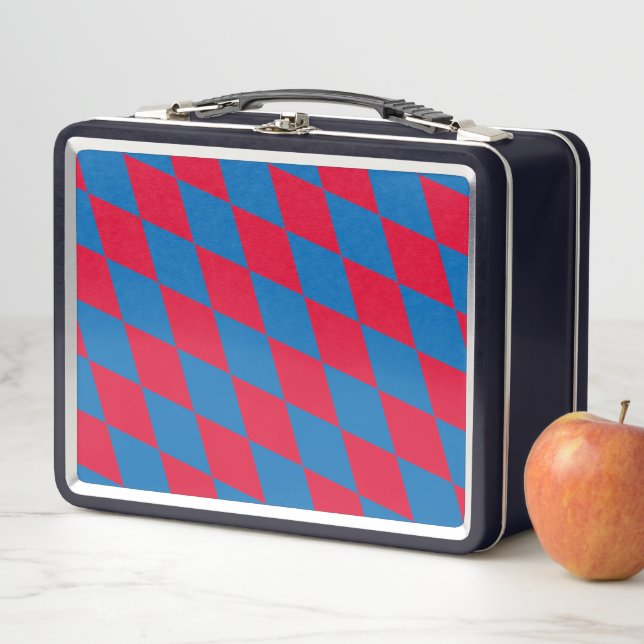 Blue and Red Bavaria Diamond Flag Pattern Metal Lunch Box (In Situ)