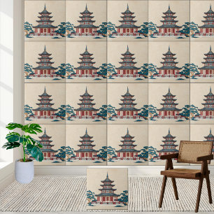 Blue and Red Chinoiserie Pagoda – Asian-Inspired  Tile