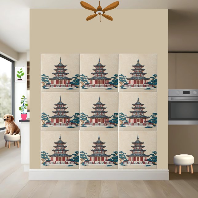 Blue and Red Chinoiserie Pagoda – Asian-Inspired  Tile (Creator Uploaded)