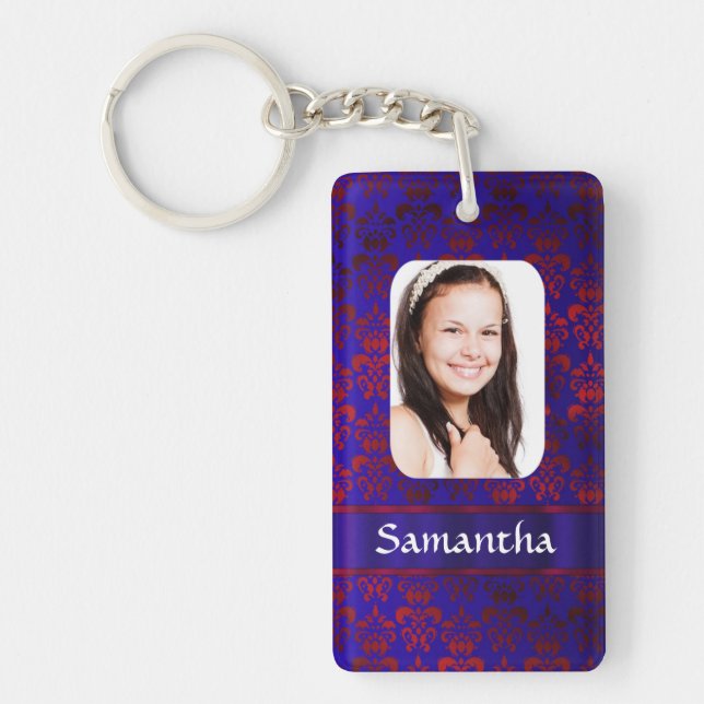 Blue and red damask photo template key ring (Front)
