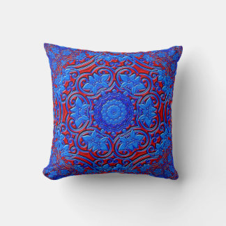 Blue and red damasks abstract fractal design cushion