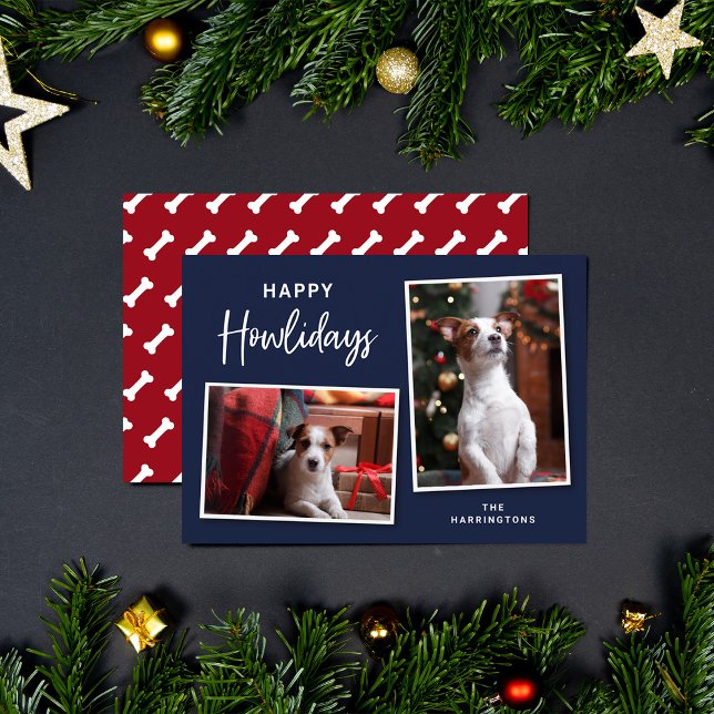 Blue and Red Dog Bones Happy Howlidays Photo Holiday Card (Creator Uploaded)