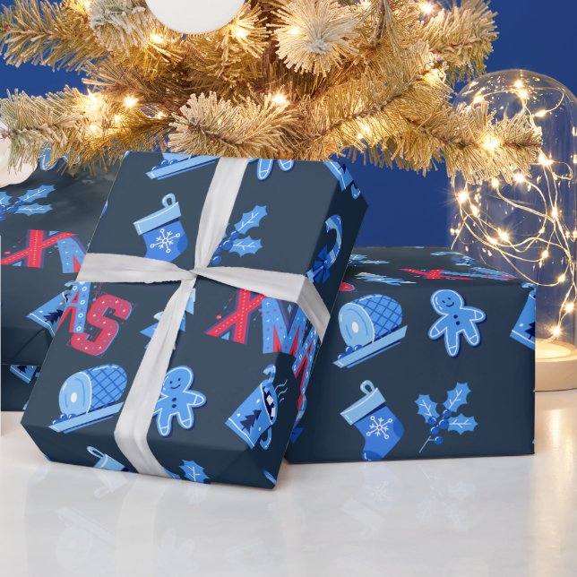 Blue And Red Festive XMAS Lettering Wrapping Paper (Holidays)