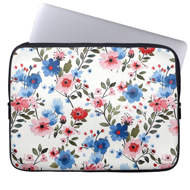 Blue and Red Floral Laptop Sleeve (Front)