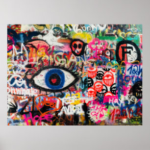 Blue and red floral textile poster