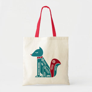 Blue and Red Floral Vintage Scandinavian Squirrel Tote Bag