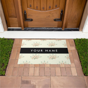 Blue and Red Flowers, Black, Your Name Doormat