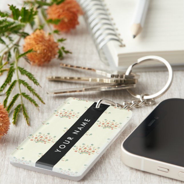 Blue and Red Flowers, Black, Your Name Key Ring (Front Right)